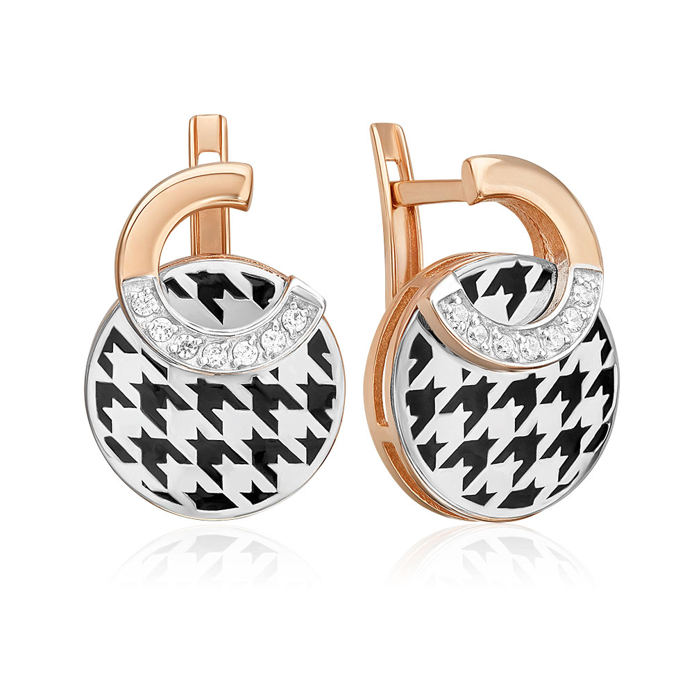 Cercei din aur alb și roșu cu pietre Cubic Zirconia Incolor, Emailare