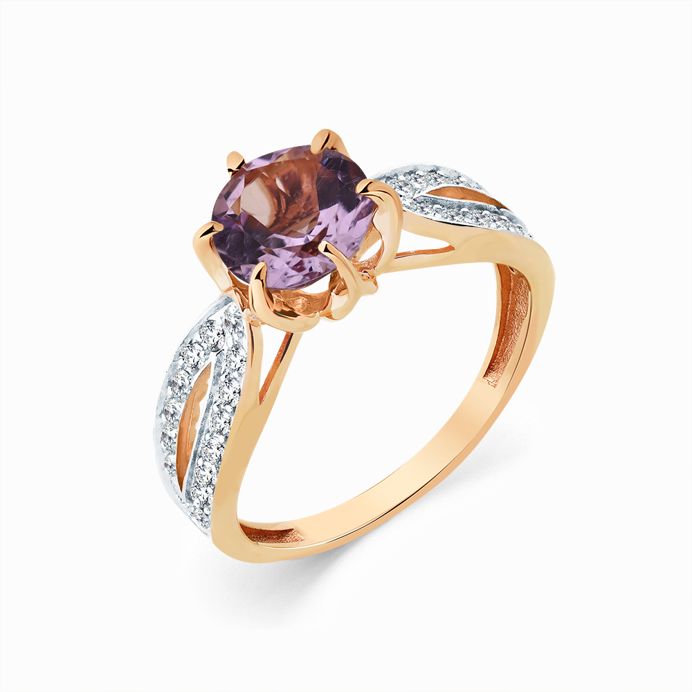 Inel din aur roșu cu pietre Cubic Zirconia Incolor, Ametist