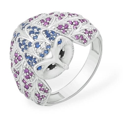 Inel din argint  cu pietre Cubic Zirconia Negru, Cubic Zirconia Liliachiu și Cubic Zirconia Albastru Safir