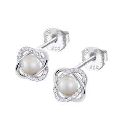 Cercei din argint  cu pietre Cubic Zirconia Incolor, Perla Albă