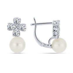 Cercei din argint  cu pietre Cubic Zirconia Incolor, Perla Albă
