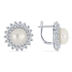 Cercei Pusete din argint  cu pietre Cubic Zirconia Incolor, Perla Albă