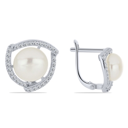 Cercei din aur alb cu pietre Cubic Zirconia Incolor, Perla Albă