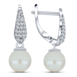 Cercei din aur alb cu pietre Cubic Zirconia Incolor, Perla Albă