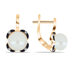 Cercei din aur roz cu pietre Cubic Zirconia Incolor, Perla Albă și Finift
