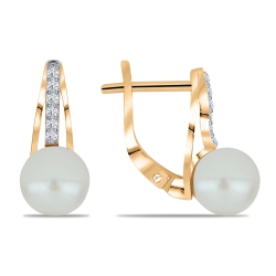 Cercei din aur roz cu pietre Cubic Zirconia Incolor, Perla Albă