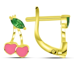 Cercei p-u copii din aur galben cu pietre Cubic Zirconia Verde, Finift