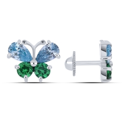 Cercei p-u copii din aur alb cu pietre Cubic Zirconia Albastru, Cubic Zirconia Verde