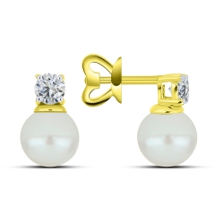 Cercei din aur galben cu pietre Cubic Zirconia Incolor, Perla Albă