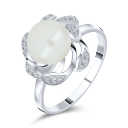 Inel din aur alb cu pietre Cubic Zirconia Incolor, Perla Albă