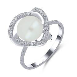 Inel din aur alb cu pietre Cubic Zirconia Incolor, Perla Albă