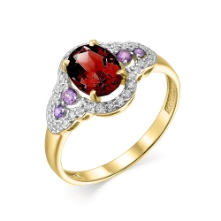 Inel din aur galben cu pietre Cubic Zirconia Incolor, Ametist și Rodolit