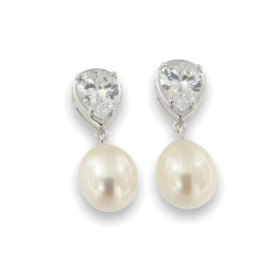 Cercei Pusete din argint  cu pietre Cubic Zirconia Incolor, Perla Albă
