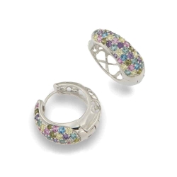 Cercei Creole din argint  cu pietre Cubic Zirconia Liliachiu, Cubic Zirconia Albastru și Cubic Zirconia Galben