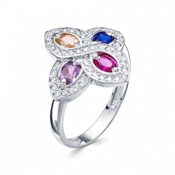Inel din argint  cu pietre Cubic Zirconia Incolor, Spinel Rosu Rubin și Spinel Sintetic Albastru