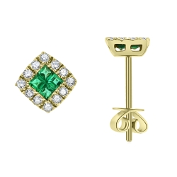Cercei Pusete din aur galben cu pietre Diamant, Smarald