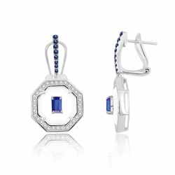 Cercei Suspendați din aur alb cu pietre Diamant, Safir și Cuarț